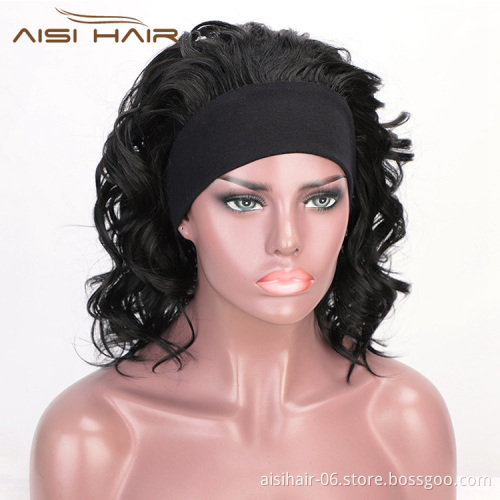 Aisi Hair Short Women Black Curly Wigs with Headband Heat Resistant Synthetic Fiber Wigs with Bandage For Lady